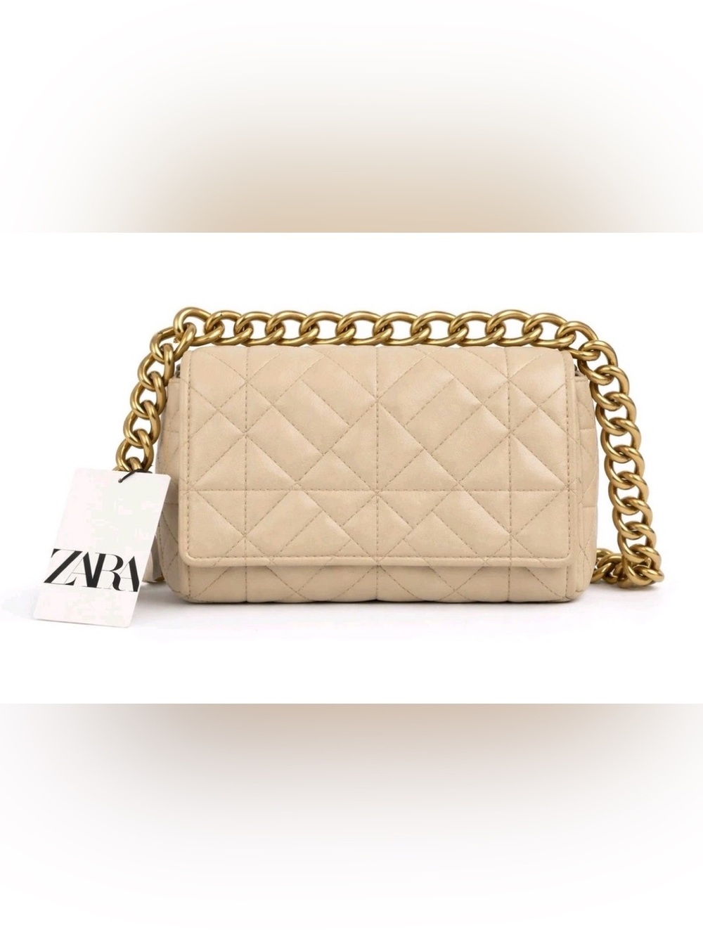 Zara Beige Quilted Shoulder Bag with Gold Chain